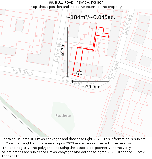 66, BULL ROAD, IPSWICH, IP3 8GP: Plot and title map
