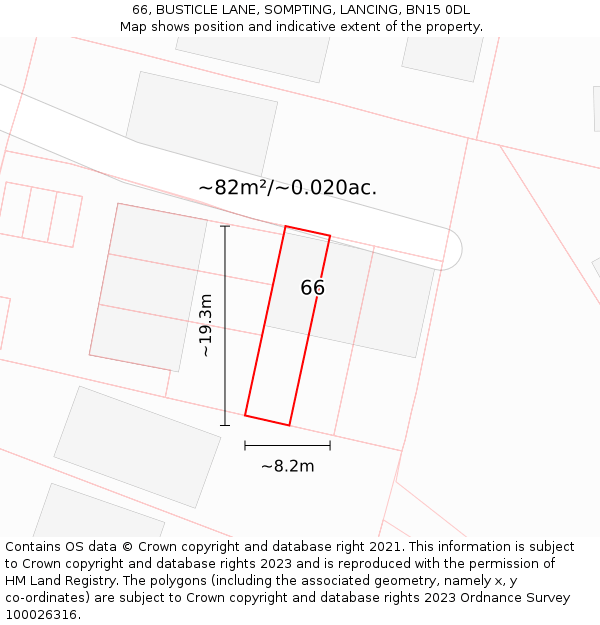 66, BUSTICLE LANE, SOMPTING, LANCING, BN15 0DL: Plot and title map