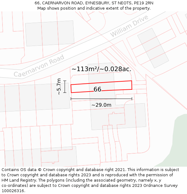 66, CAERNARVON ROAD, EYNESBURY, ST NEOTS, PE19 2RN: Plot and title map