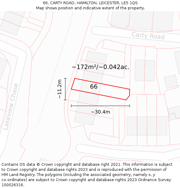 66, CARTY ROAD, HAMILTON, LEICESTER, LE5 1QS: Plot and title map