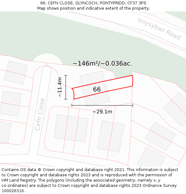 66, CEFN CLOSE, GLYNCOCH, PONTYPRIDD, CF37 3PS: Plot and title map