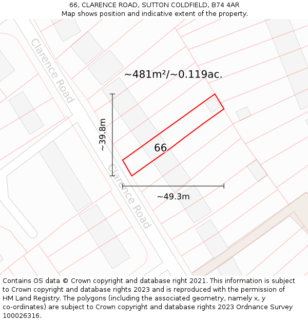 66, CLARENCE ROAD, SUTTON COLDFIELD, B74 4AR: Plot and title map