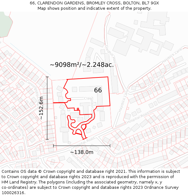 66, CLARENDON GARDENS, BROMLEY CROSS, BOLTON, BL7 9GX: Plot and title map