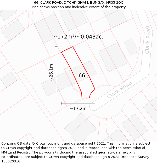 66, CLARK ROAD, DITCHINGHAM, BUNGAY, NR35 2QQ: Plot and title map