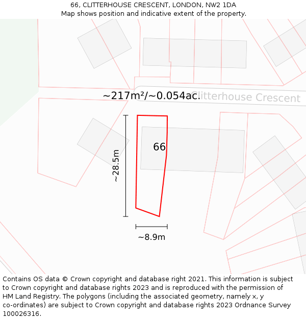 66, CLITTERHOUSE CRESCENT, LONDON, NW2 1DA: Plot and title map