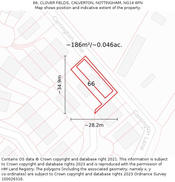 66, CLOVER FIELDS, CALVERTON, NOTTINGHAM, NG14 6PN: Plot and title map