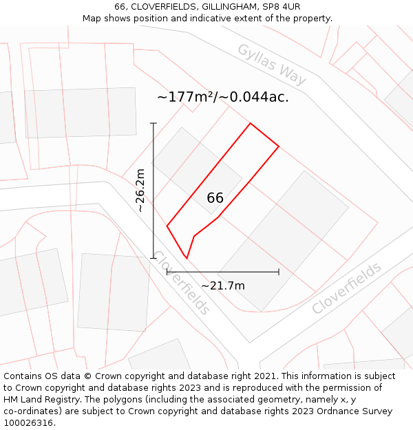 66, CLOVERFIELDS, GILLINGHAM, SP8 4UR: Plot and title map