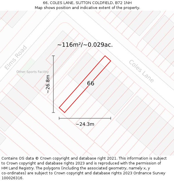 66, COLES LANE, SUTTON COLDFIELD, B72 1NH: Plot and title map