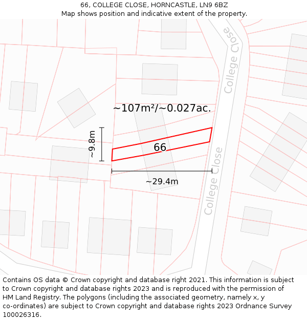 66, COLLEGE CLOSE, HORNCASTLE, LN9 6BZ: Plot and title map