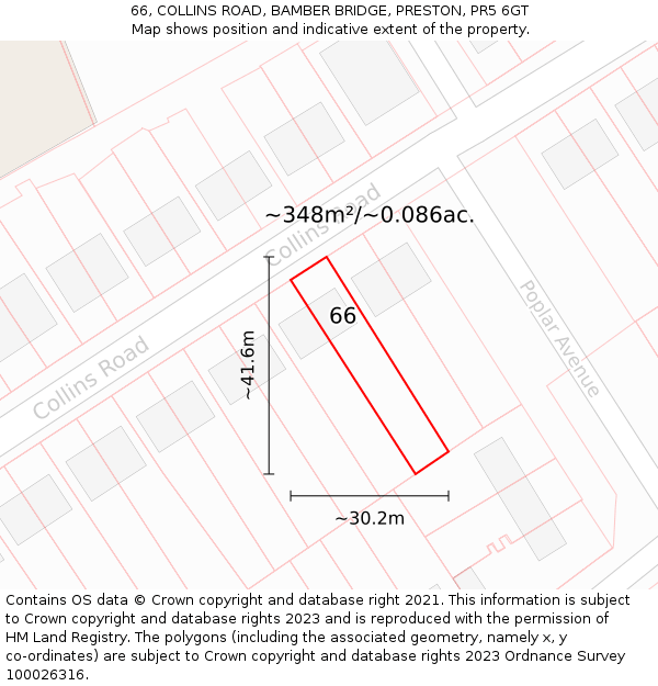 66, COLLINS ROAD, BAMBER BRIDGE, PRESTON, PR5 6GT: Plot and title map