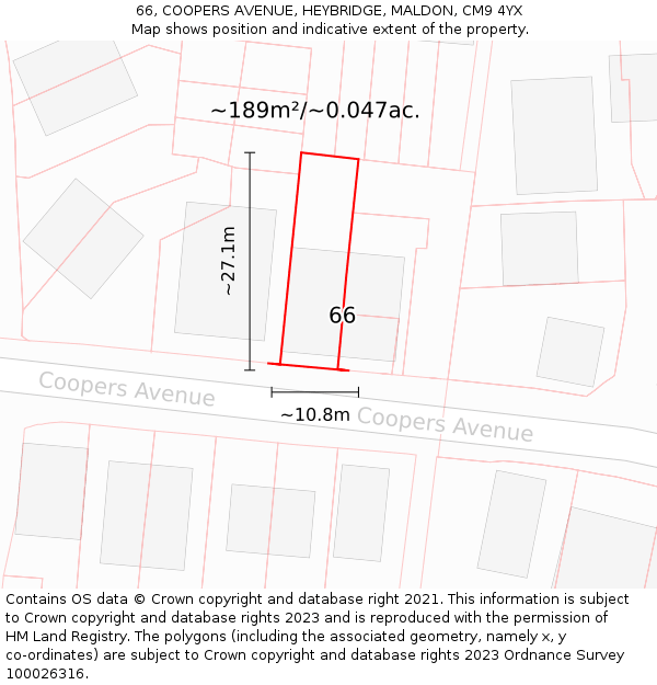 66, COOPERS AVENUE, HEYBRIDGE, MALDON, CM9 4YX: Plot and title map