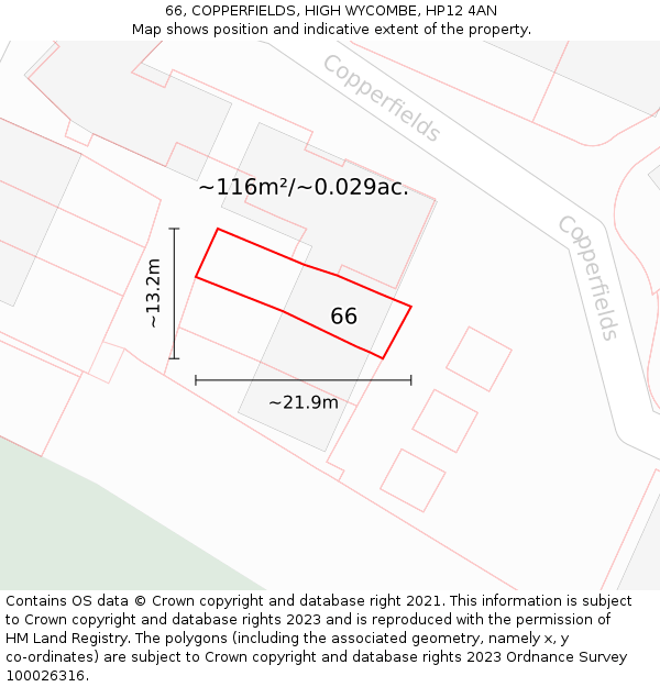 66, COPPERFIELDS, HIGH WYCOMBE, HP12 4AN: Plot and title map