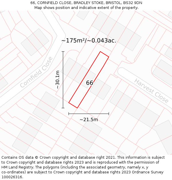 66, CORNFIELD CLOSE, BRADLEY STOKE, BRISTOL, BS32 9DN: Plot and title map