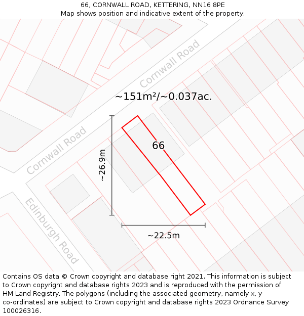 66, CORNWALL ROAD, KETTERING, NN16 8PE: Plot and title map