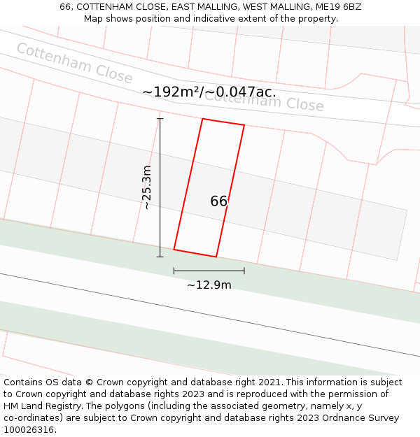 66, COTTENHAM CLOSE, EAST MALLING, WEST MALLING, ME19 6BZ: Plot and title map