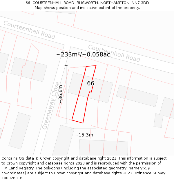 66, COURTEENHALL ROAD, BLISWORTH, NORTHAMPTON, NN7 3DD: Plot and title map