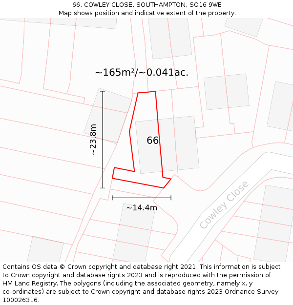 66, COWLEY CLOSE, SOUTHAMPTON, SO16 9WE: Plot and title map