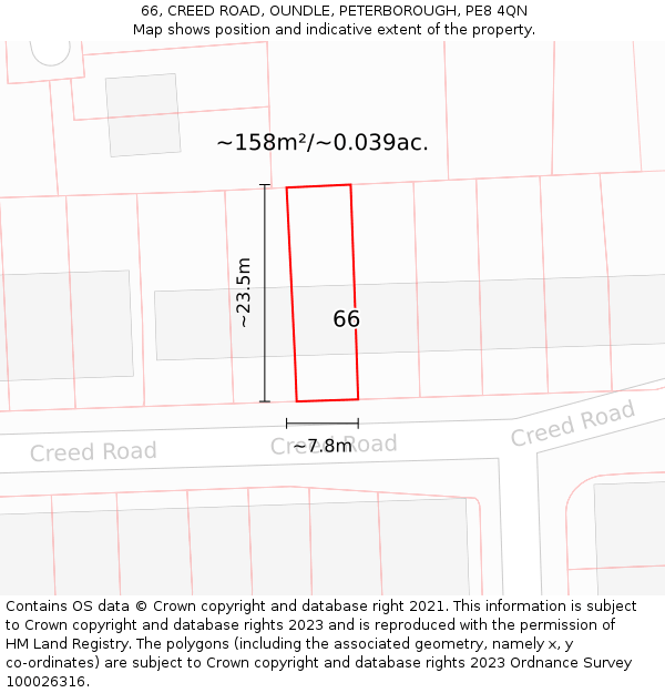 66, CREED ROAD, OUNDLE, PETERBOROUGH, PE8 4QN: Plot and title map