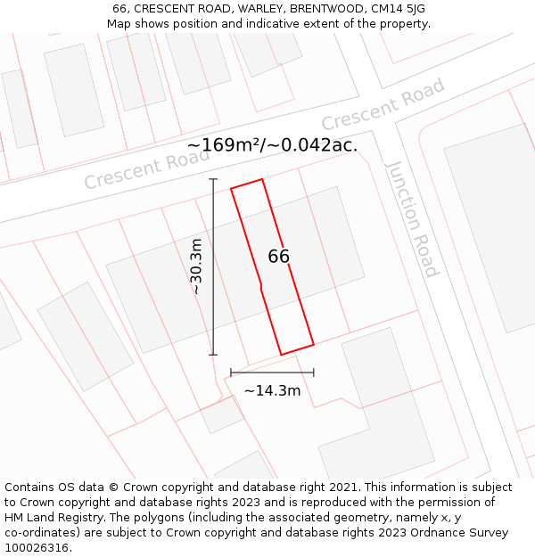 66, CRESCENT ROAD, WARLEY, BRENTWOOD, CM14 5JG: Plot and title map