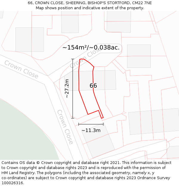 66, CROWN CLOSE, SHEERING, BISHOP'S STORTFORD, CM22 7NE: Plot and title map