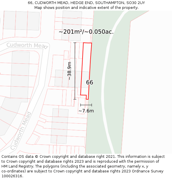 66, CUDWORTH MEAD, HEDGE END, SOUTHAMPTON, SO30 2UY: Plot and title map