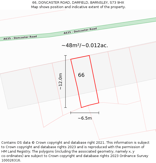 66, DONCASTER ROAD, DARFIELD, BARNSLEY, S73 9HX: Plot and title map