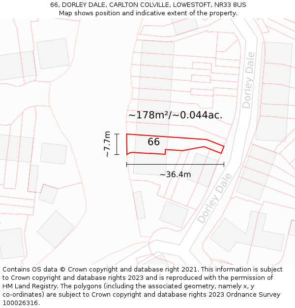 66, DORLEY DALE, CARLTON COLVILLE, LOWESTOFT, NR33 8US: Plot and title map
