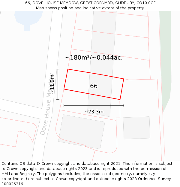 66, DOVE HOUSE MEADOW, GREAT CORNARD, SUDBURY, CO10 0GF: Plot and title map