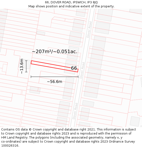 66, DOVER ROAD, IPSWICH, IP3 8JQ: Plot and title map