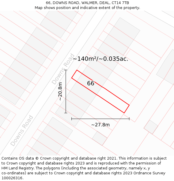 66, DOWNS ROAD, WALMER, DEAL, CT14 7TB: Plot and title map