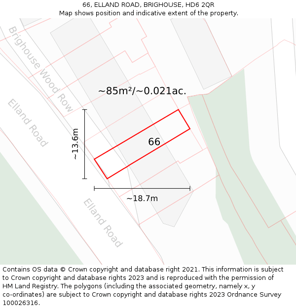 66, ELLAND ROAD, BRIGHOUSE, HD6 2QR: Plot and title map