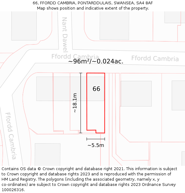 66, FFORDD CAMBRIA, PONTARDDULAIS, SWANSEA, SA4 8AF: Plot and title map