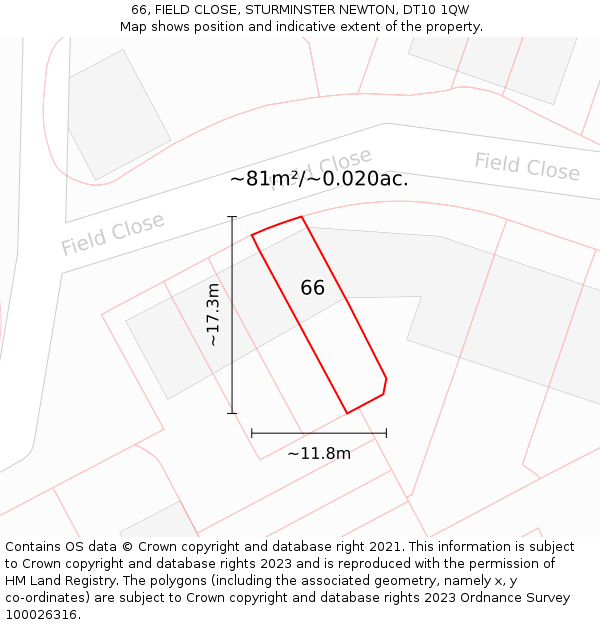 66, FIELD CLOSE, STURMINSTER NEWTON, DT10 1QW: Plot and title map