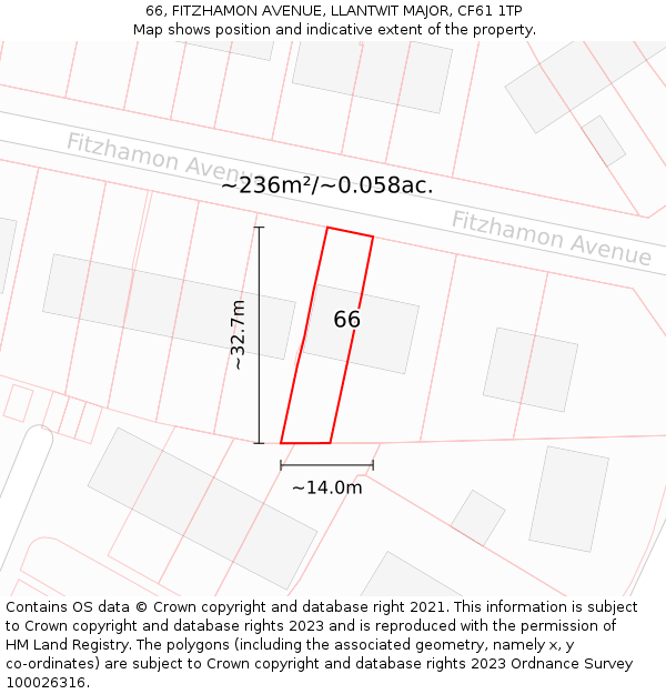 66, FITZHAMON AVENUE, LLANTWIT MAJOR, CF61 1TP: Plot and title map