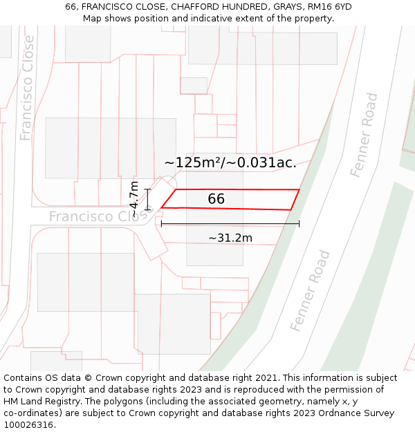 66, FRANCISCO CLOSE, CHAFFORD HUNDRED, GRAYS, RM16 6YD: Plot and title map