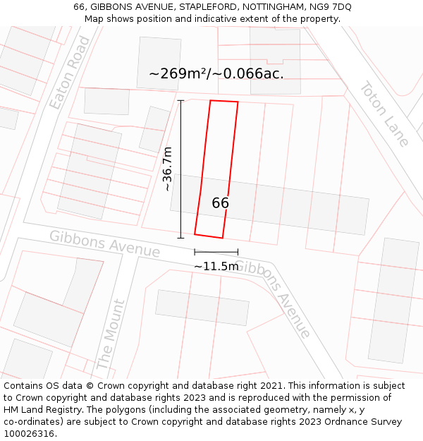 66, GIBBONS AVENUE, STAPLEFORD, NOTTINGHAM, NG9 7DQ: Plot and title map