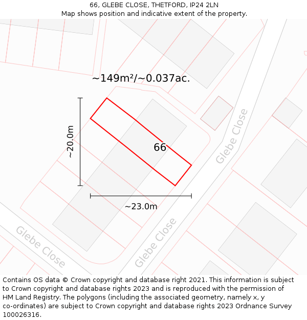 66, GLEBE CLOSE, THETFORD, IP24 2LN: Plot and title map