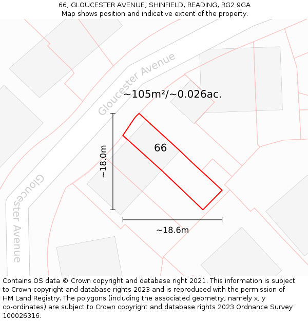 66, GLOUCESTER AVENUE, SHINFIELD, READING, RG2 9GA: Plot and title map