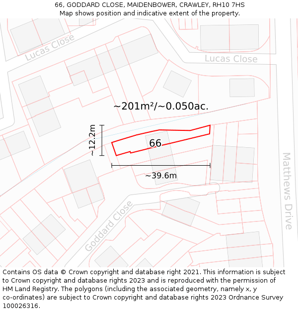 66, GODDARD CLOSE, MAIDENBOWER, CRAWLEY, RH10 7HS: Plot and title map