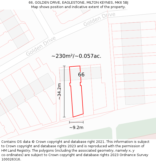 66, GOLDEN DRIVE, EAGLESTONE, MILTON KEYNES, MK6 5BJ: Plot and title map