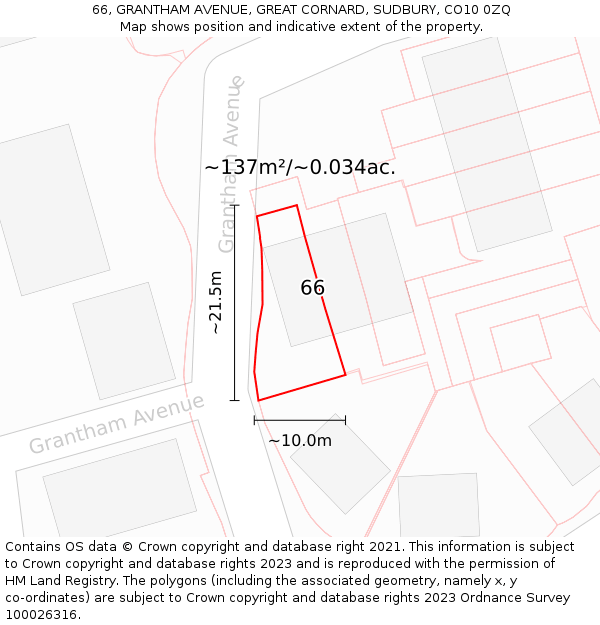 66, GRANTHAM AVENUE, GREAT CORNARD, SUDBURY, CO10 0ZQ: Plot and title map