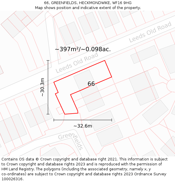 66, GREENFIELDS, HECKMONDWIKE, WF16 9HG: Plot and title map