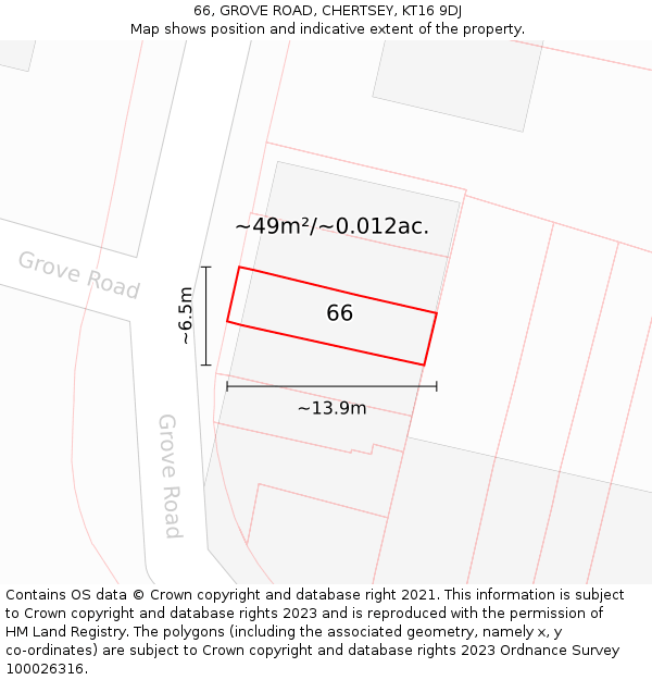 66, GROVE ROAD, CHERTSEY, KT16 9DJ: Plot and title map