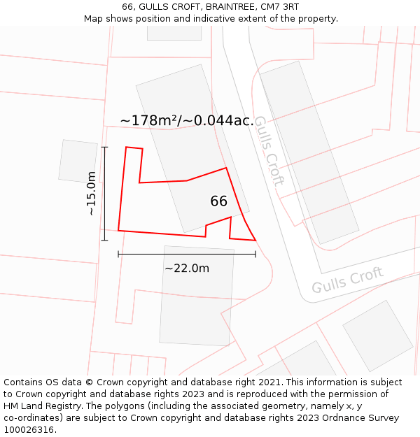 66, GULLS CROFT, BRAINTREE, CM7 3RT: Plot and title map
