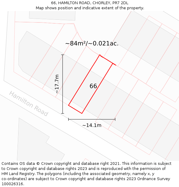 66, HAMILTON ROAD, CHORLEY, PR7 2DL: Plot and title map