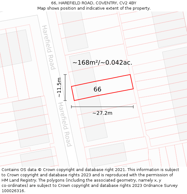 66, HAREFIELD ROAD, COVENTRY, CV2 4BY: Plot and title map