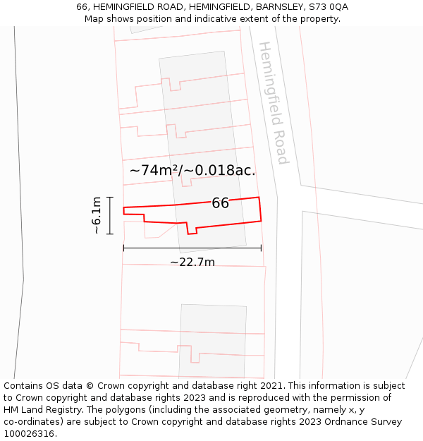 66, HEMINGFIELD ROAD, HEMINGFIELD, BARNSLEY, S73 0QA: Plot and title map