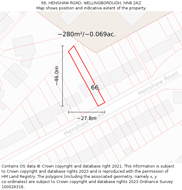 66, HENSHAW ROAD, WELLINGBOROUGH, NN8 2AZ: Plot and title map