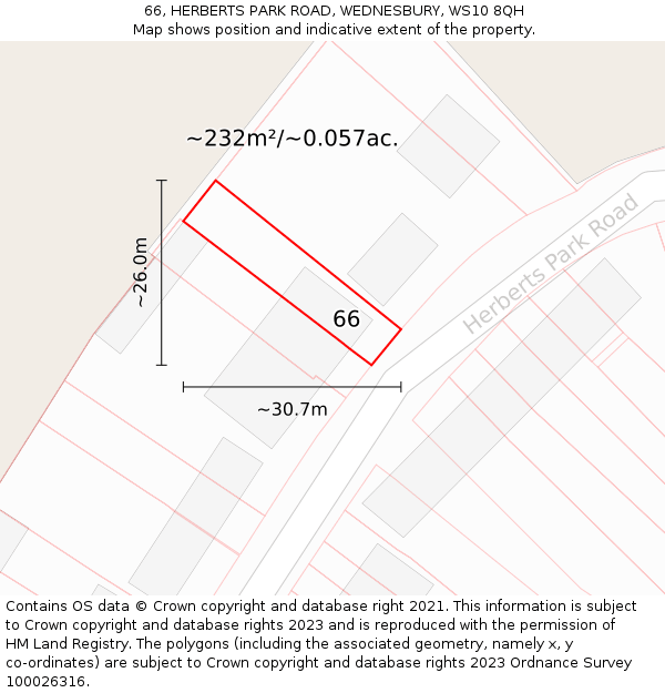 66, HERBERTS PARK ROAD, WEDNESBURY, WS10 8QH: Plot and title map