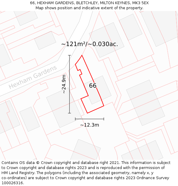 66, HEXHAM GARDENS, BLETCHLEY, MILTON KEYNES, MK3 5EX: Plot and title map